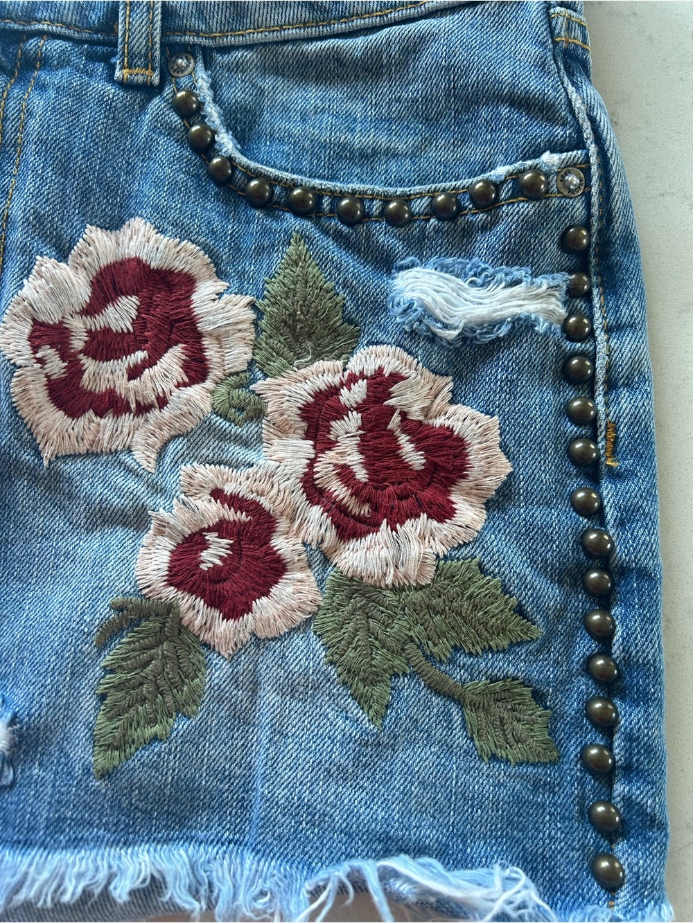 Free People Wild Rose Embroidered Studded Denim Mini Skirt - Picture 16 of 16
